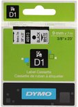 DYMO D1 labelcassette met zwarte tekst op wit tape, 9mm x 7m, verpakt in een groen en witte doos.