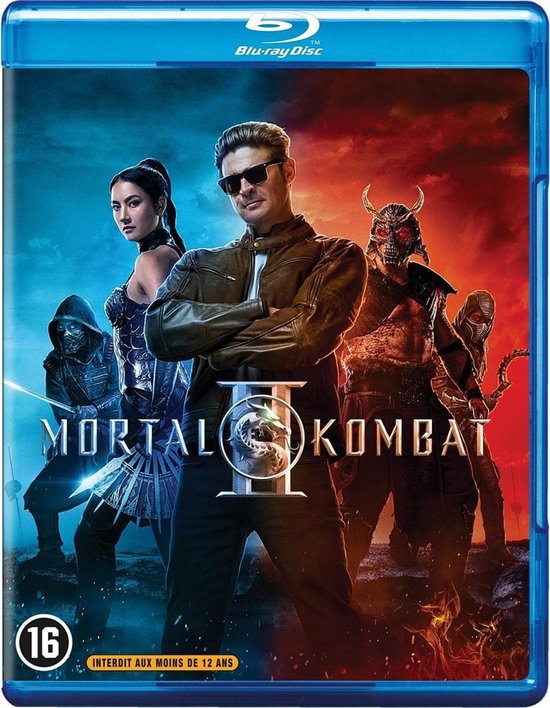 Blu-ray hoes Mortal Kombat II met personages tegen een blauwe en rode achtergrond, met leeftijdsclassificatie 16.