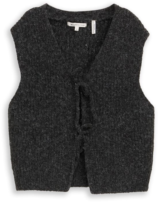 Donkergrijs gebreid vest met striksluitingen. Label 'DENIM TOM TAILOR'.