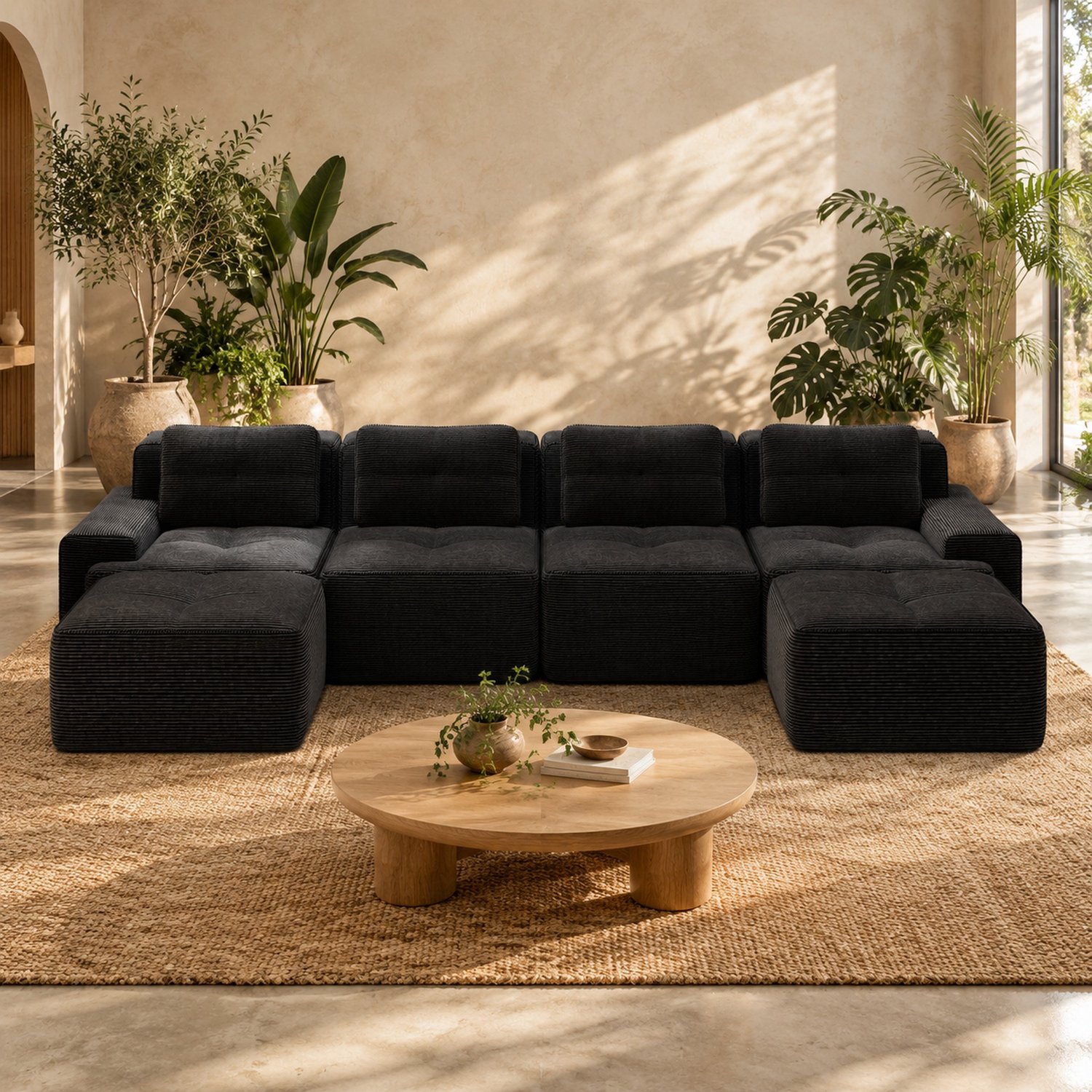 WUVRIE Modulaire U-bank 382x177 cm - 4-zits met diepe zitting - Zwart corduroy
