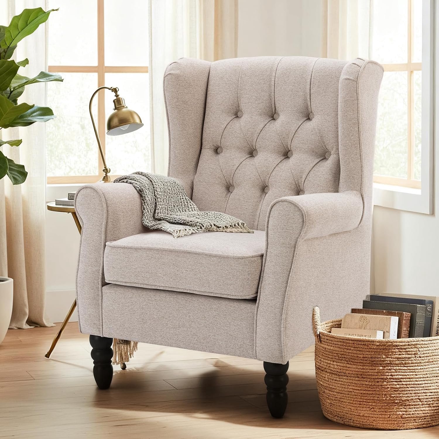 Luxe Wingback Fauteuil met Gecapitonneerde Rugleuning en Massief Houten Poten 78,2 x 75 x 95 cm Beige – Mid-Century Moderne Loungefauteuil voor Woonkamer, Slaapkamer, Kantoor en Leeshoek – Novihome