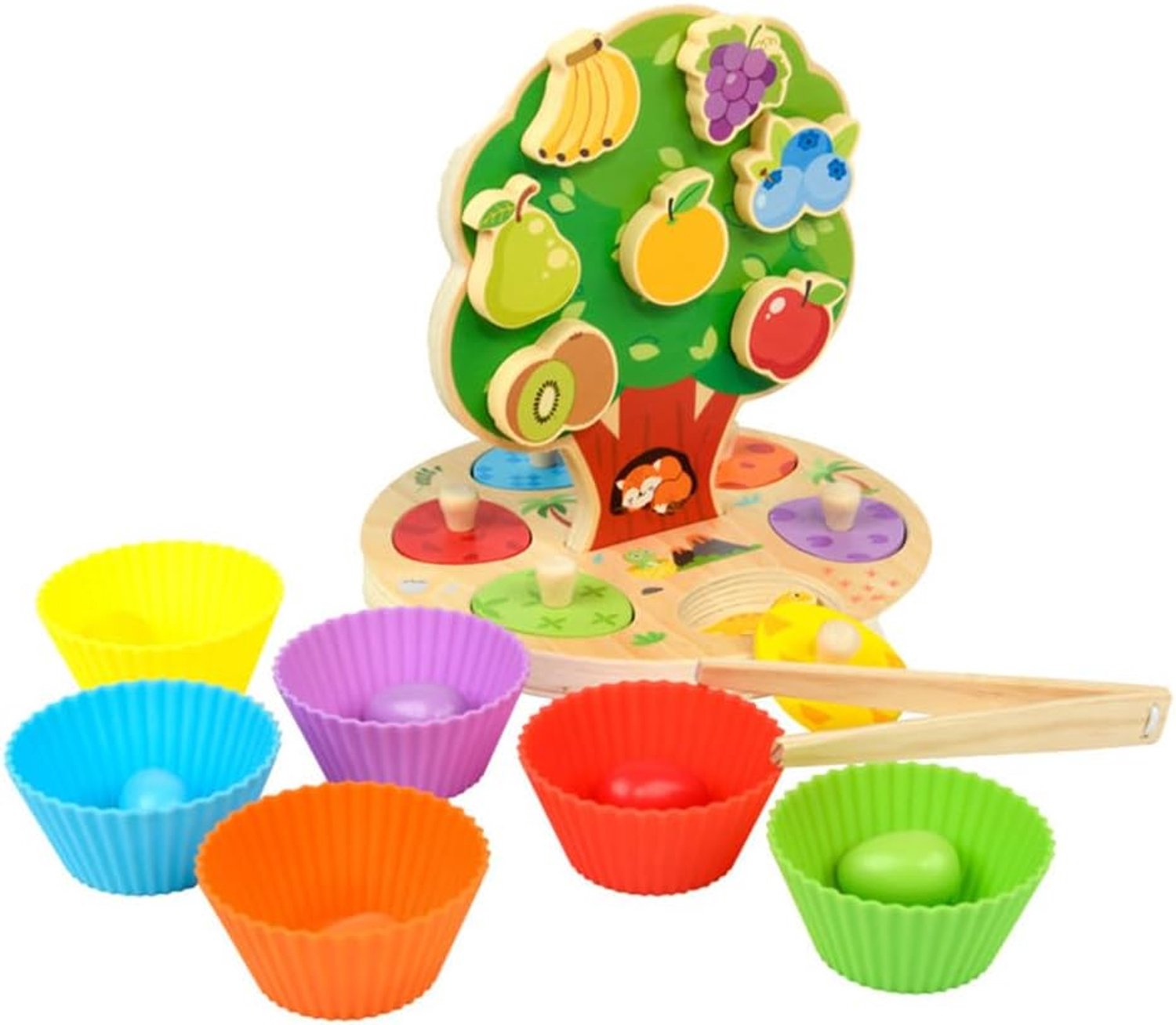 Magnetische houten fruitboom voor kinderen - Montessori educatief speelgoed - kleur sortering spel met tang en opvangbakjes