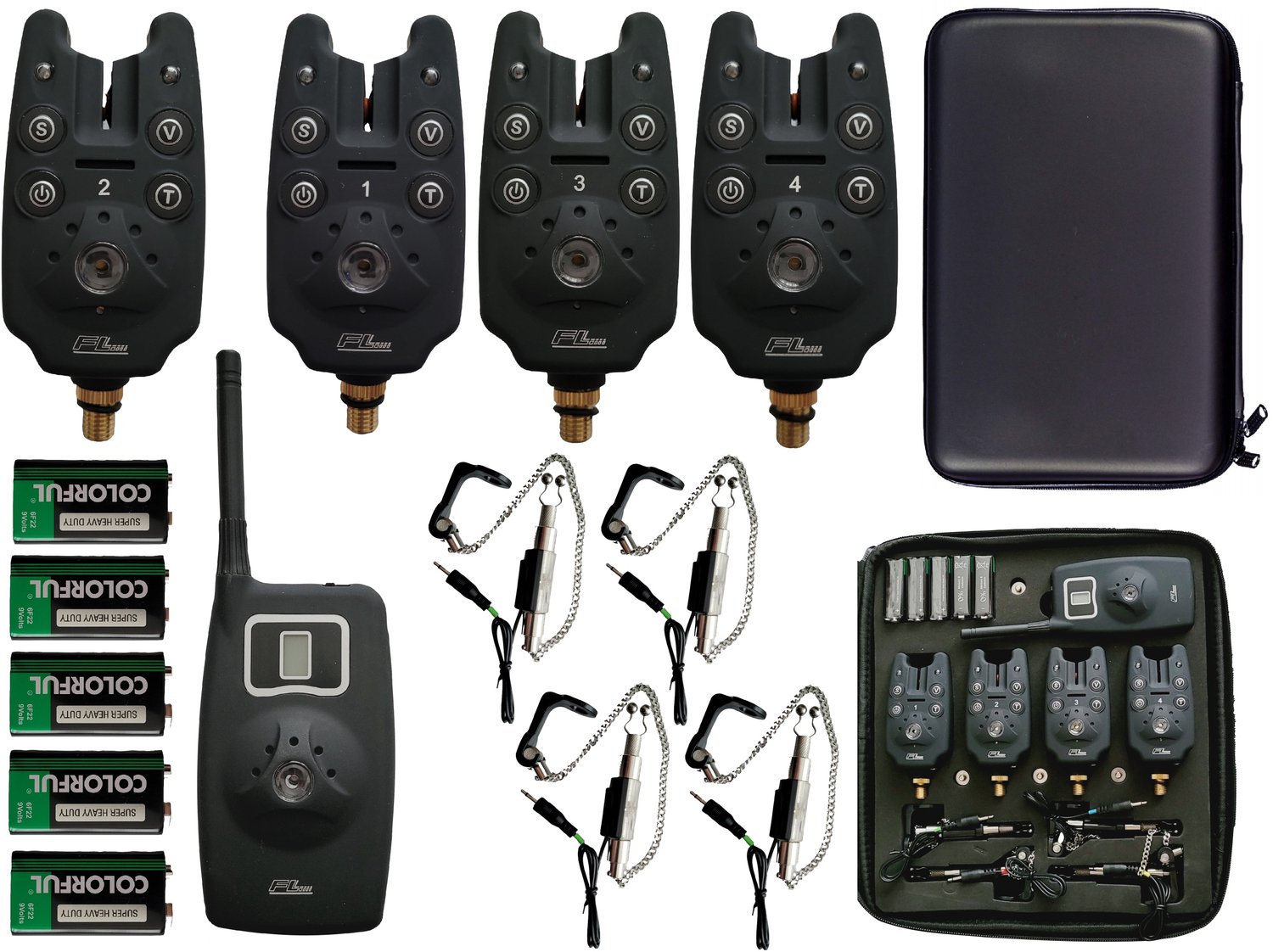 Set van 4 Visbeet Melder met Centrale en 4 LED Hangers