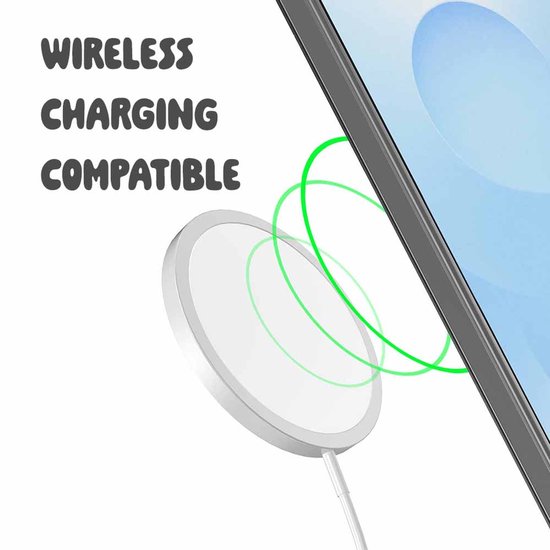 Draadloze oplader die aan de achterkant van een smartphone bevestigd wordt.