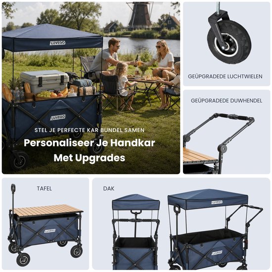 Luvego Bolderkar Opvouwbaar Met Tafel | 150 kg Draagkracht | 165 Liter | Bolderwagen | Met Remmen | Verstelbaar Handvat | Offroadwielen | 360° Wielen | Strand, Camping & Festival | Blauw — afbeelding 2
