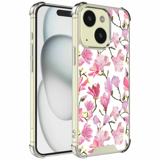 Schokbestendig iPhone 15 hoesje, zij-aanzicht, met roze bloemenprint op witte ondergrond en verstevigde randen.
