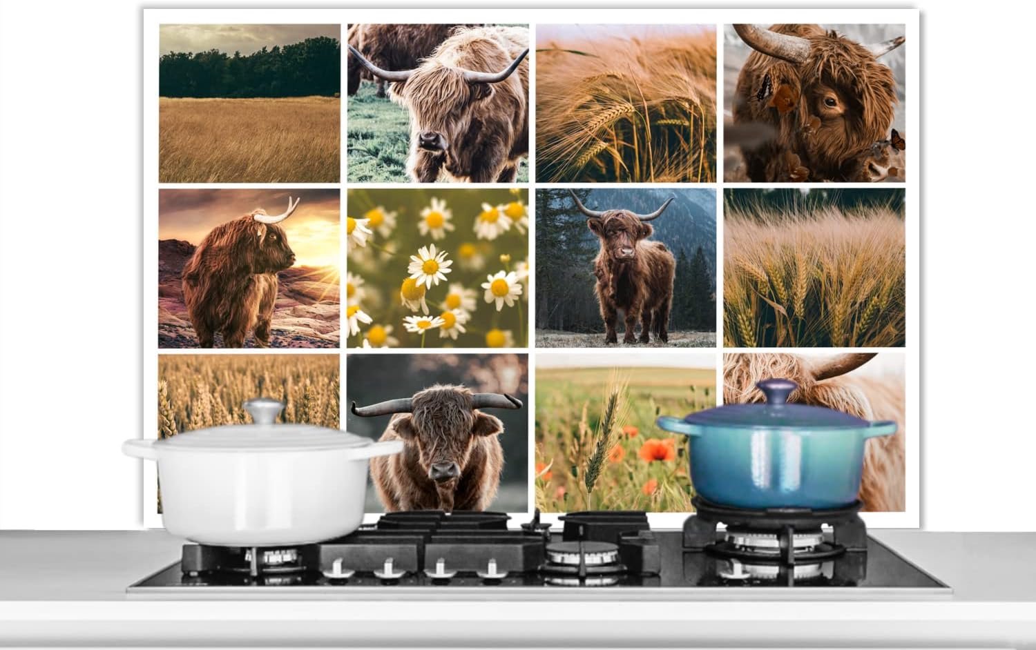 Spatscherm Keuken - 100x65 cm - Schotse Hooglander - Collage - Bloemen - Tuin