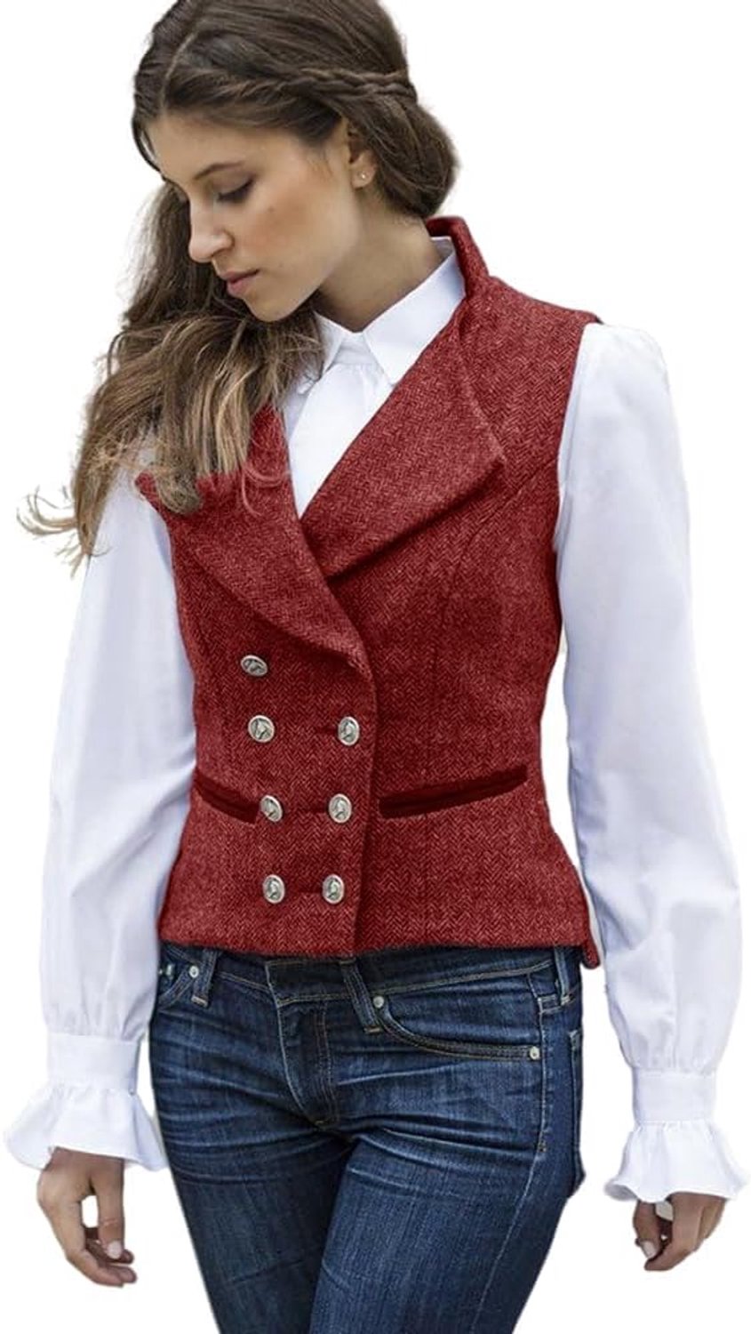 Dames Jaren 50 Vintage Colbertvest Werkvest van Tweed Slim Fit Vest V-Hals Vest Twee Rijen Knopen Jas met Zakken Mouwloze Blazer Jassen
