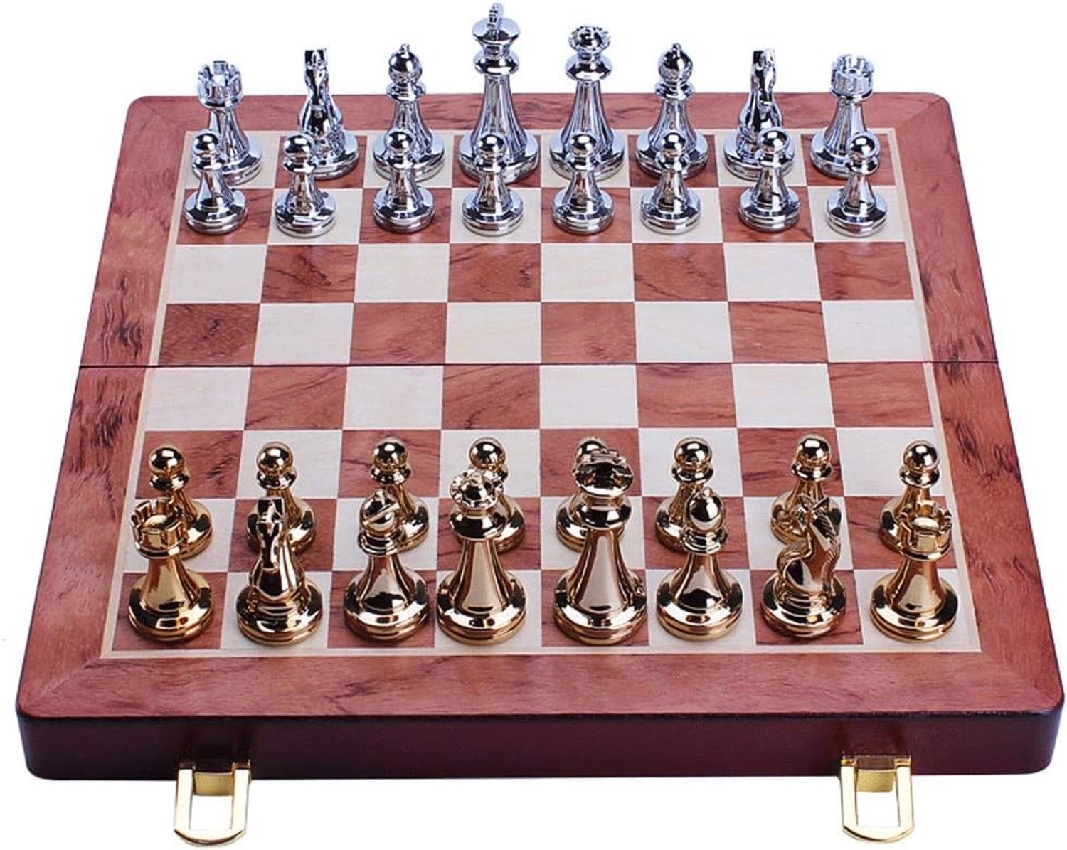 Schaakspel Metalen legering schaak for kinderen beginners geschikt for het vouwen van houten schaakbord schaken Schaaksets voor kinderen en volwassenen (Color : Gold and silver)