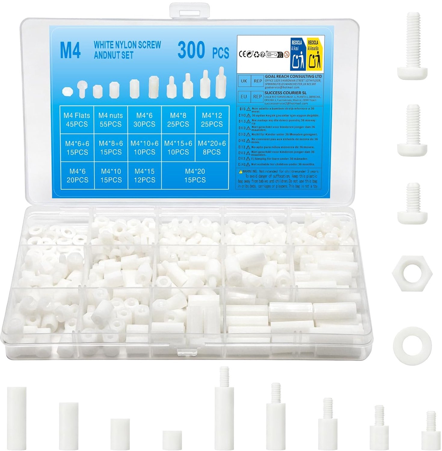 300 stuks M4 schroevenset, printplaat moederbord afstandhouders kunststof set, nylon zeskantschroeven moer, mannelijke en vrouwelijke schroeven moeren, assortiment set (wit M4)