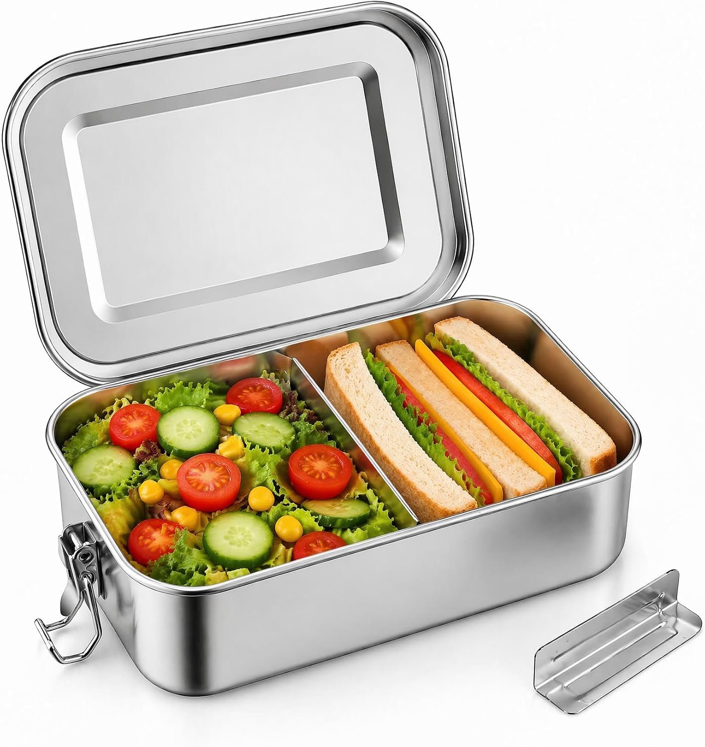 Broodtrommel van roestvrij staal met vakken, 1400 ml, bento box, roestvrij staal, lunchbox met vakken, lekvrij met scheidingswand, lunchbox, metalen broodtrommel, voedselbox voor familie