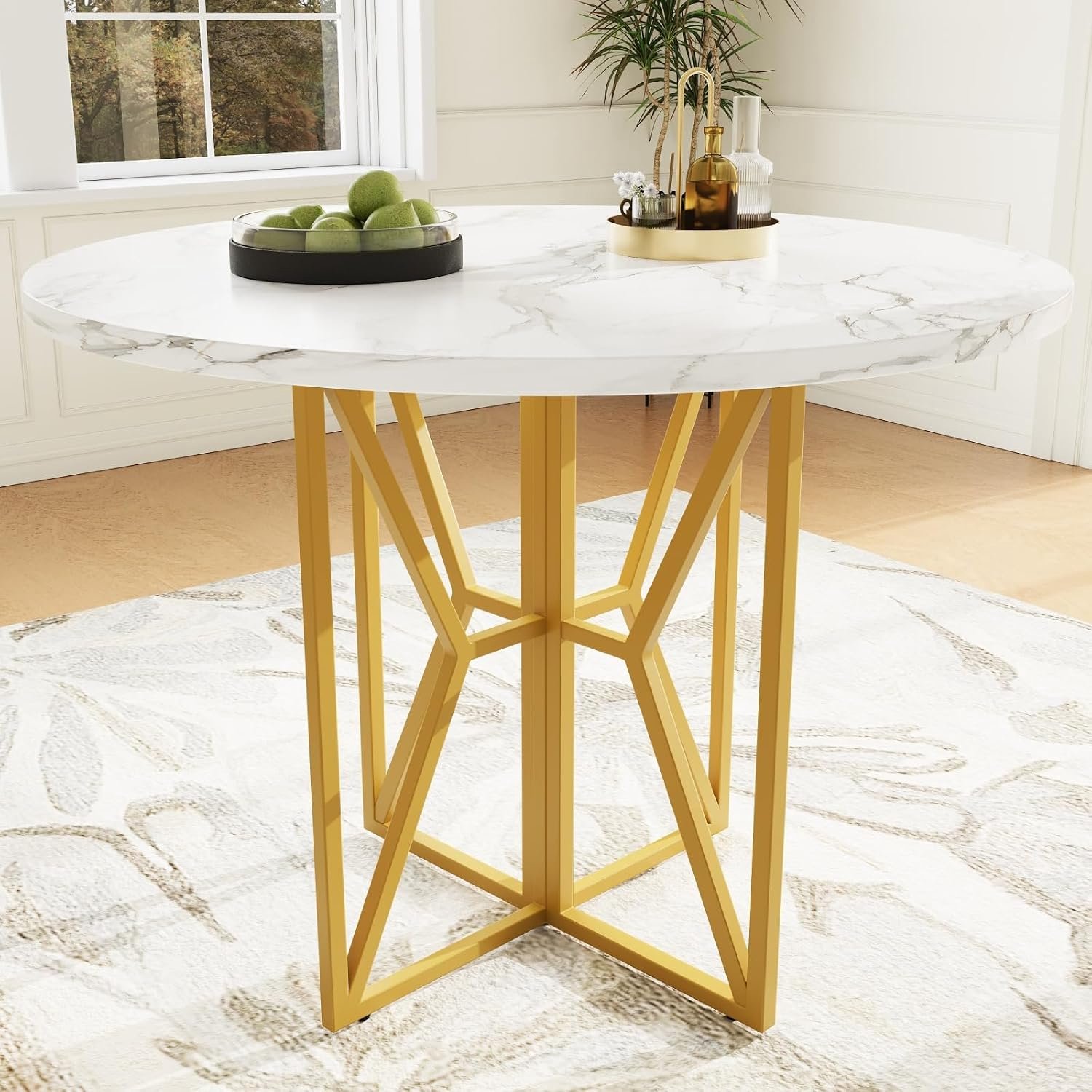 Eettafel 80 x 80 x 76 cm, onderstel met verstelbare noppen, keukentafel met ronde marmeren plaat en metalen buispoten, voor maximaal 4-6 personen, geschikt voor ESS- en woonkamer, goud