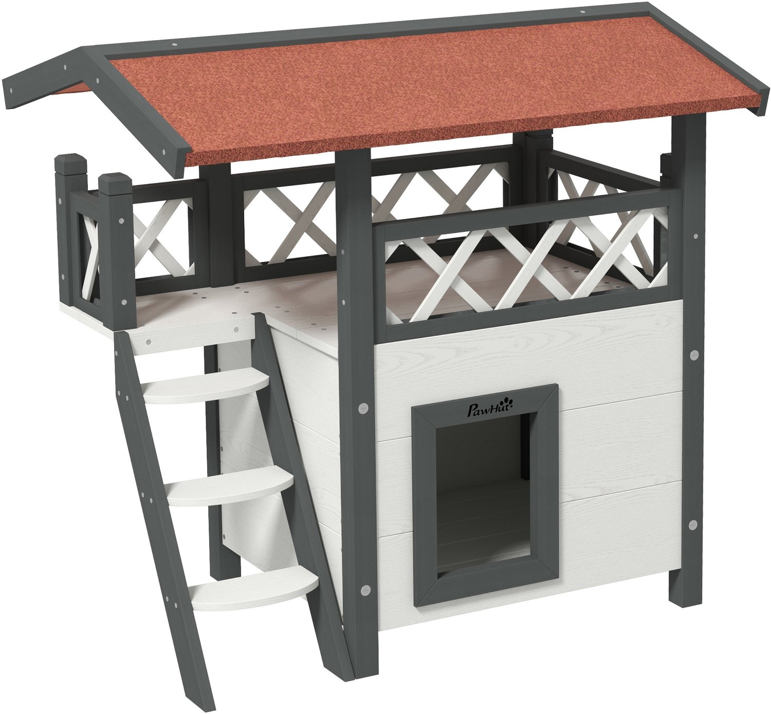 Pawona Kattenhuis met 2 verdiepingen - Met asfaltdak, balkon en trap - 77 x 50 x 73 cm - Wit/Rood
