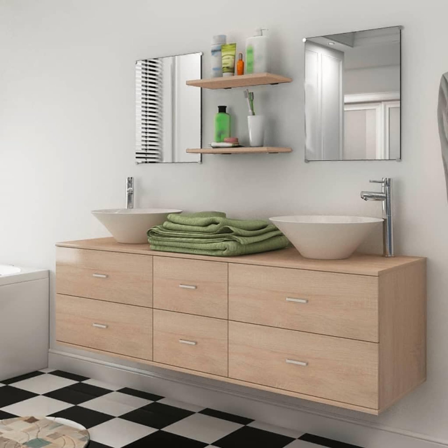 9-delige badkamermeubelset met wastafel en kraan beige, bevat 1 hangende wastafelonderkast, 2 spiegels, 2 planken, wastafels en armaturen voor uw badkamer