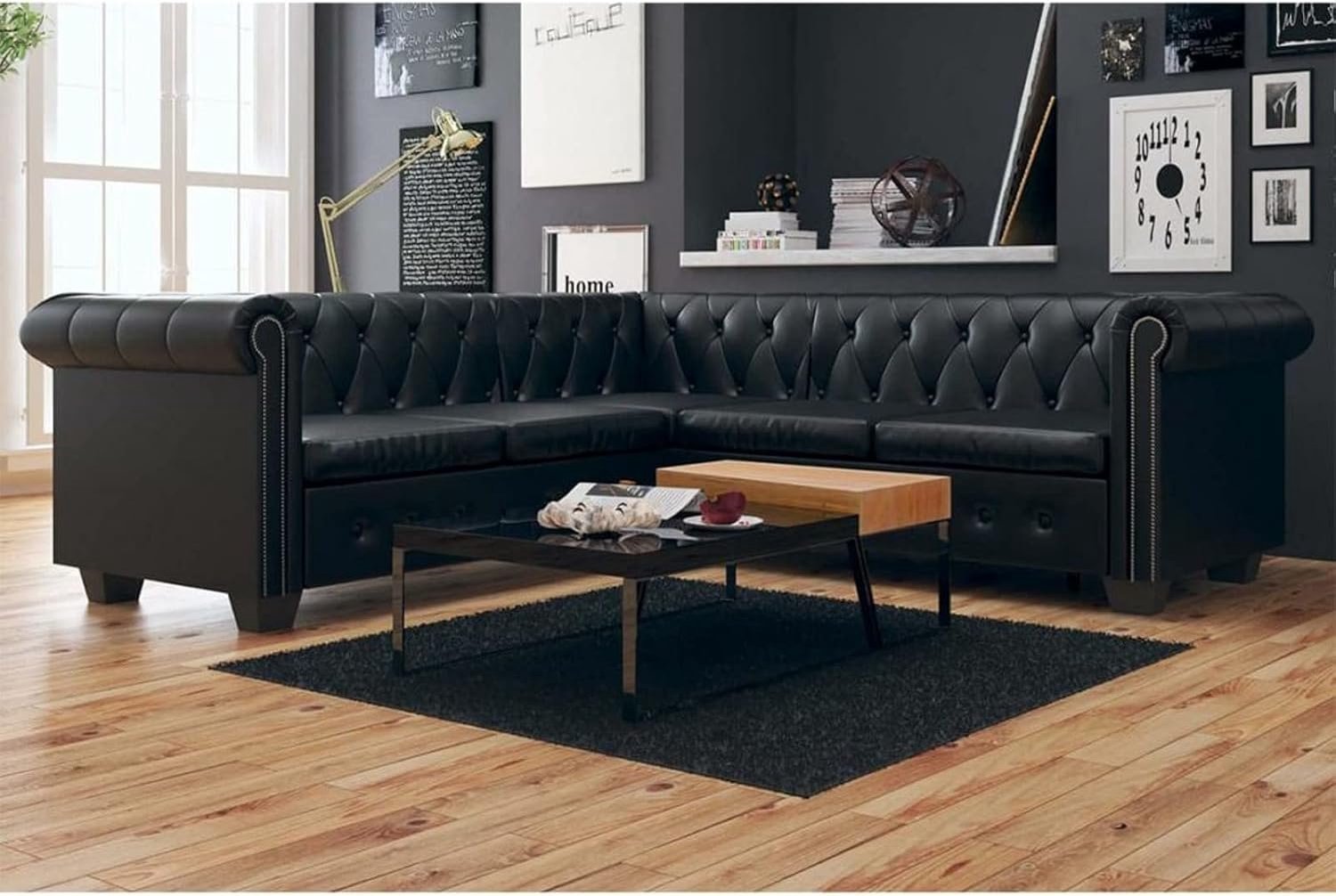 Hoekbank 5-zits Chesterfield Sofa Loungesofa Gestoffeerde sofa Vintage Bank Kantoorbank Gestoffeerd Meubels Stijl Sofa Kunstlederen Sofa Kunstleer Zwart