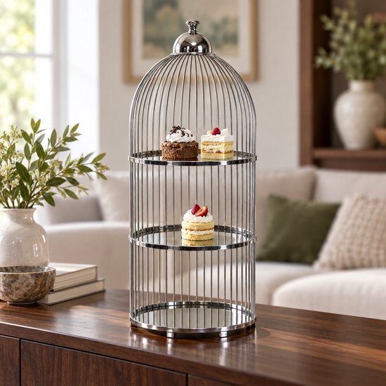 Zilverkleurige vogelkooi etagère met gebakjes, in een woonkamerinterieur.