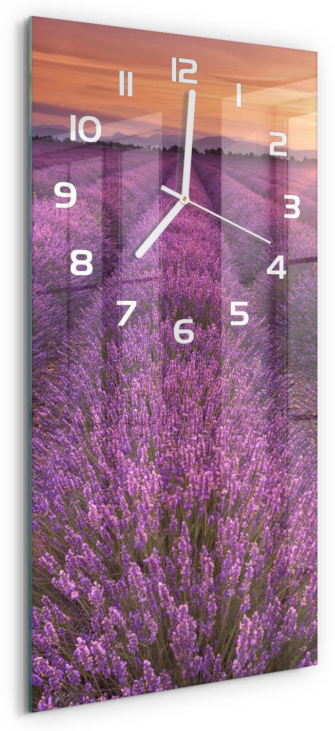 Tulup Wandklok - Lavendelveld Wandklok Glas Decoratie - 30x60 cm - Paars Gekleurde Glazen Klok - Witte handen - Rechthoekige Klok - Klok Glas Met Opdruk - Moderne Wandklok Glas