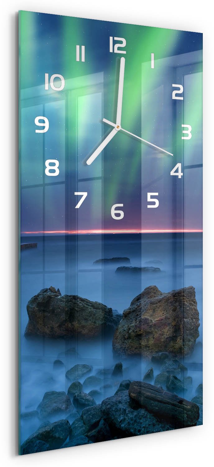 Tulup Wandklok - Noorderlicht Wandklok Glas Met Motief - 30x60 cm - Groente Decoratieve Glazen Klok - Witte handen - Rechthoekige Klok - Gekleurde Glazen Klok - Glazen Klok Met Print