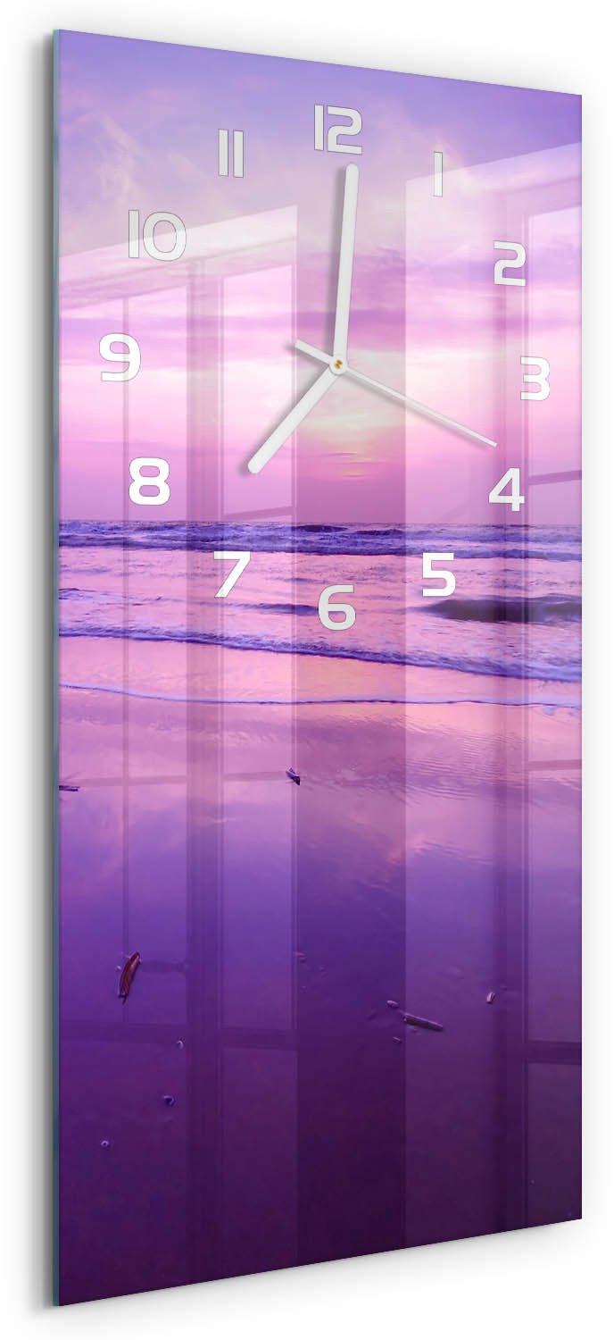 Tulup Wandklok - Zonsondergang Zee Klok Glas Met Opdruk - 30x60 cm - Paars Moderne Wandklok Glas - Witte handen - Rechthoekige Klok - Decoratieve Glazen Klok - Glazen Wandklok Design
