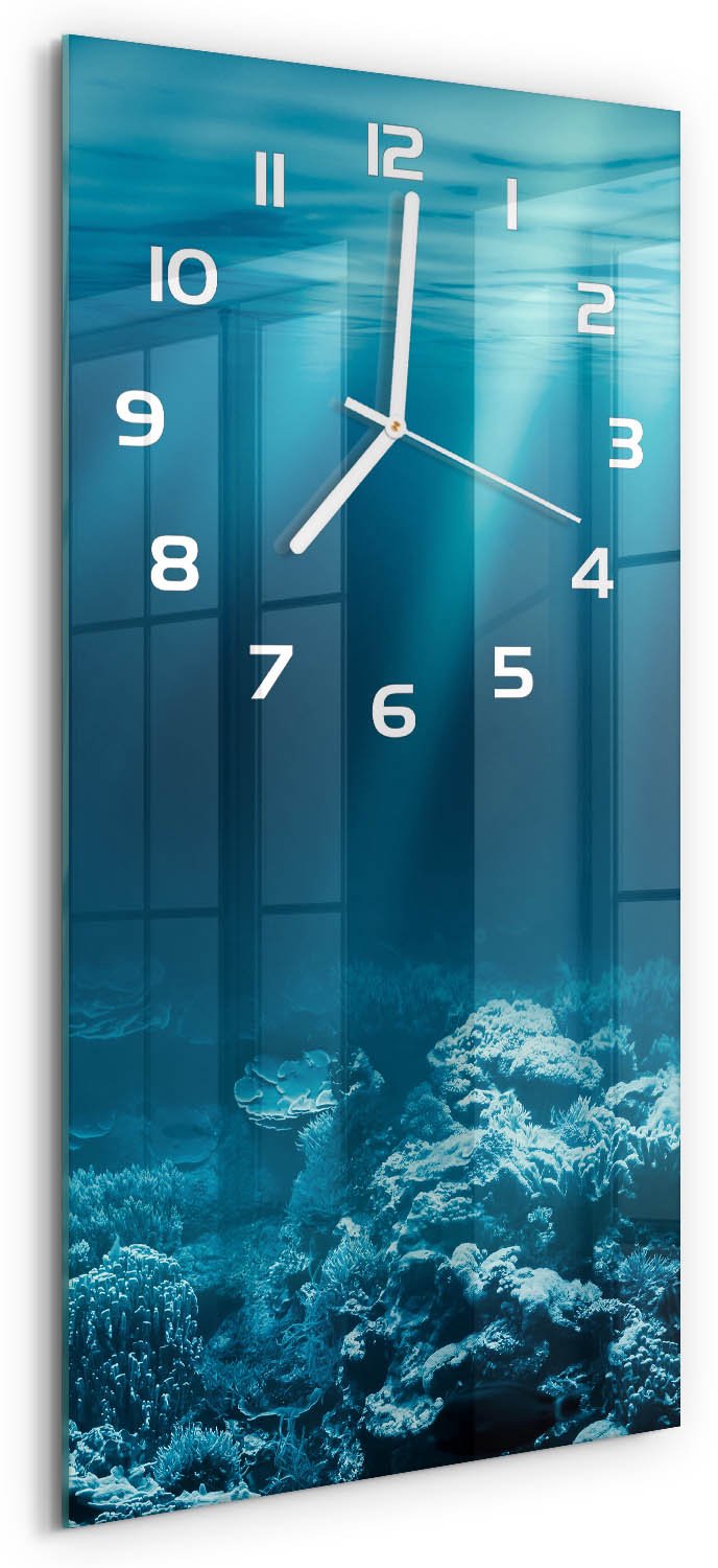 Tulup Wandklok - Onderwaterwereld Klok Glas Met Opdruk - 30x60 cm - Blauw Moderne Wandklok Glas - Witte handen - Rechthoekige Klok - Decoratieve Glazen Klok - Glazen Wandklok Design