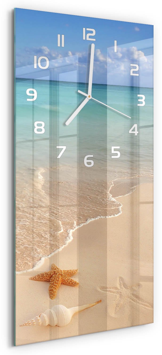 Tulup Wandklok - Zeesterren op het strand Moderne Wandklok Glas - 30x60 cm - Blauw Wandklok Glas Decoratie - Witte handen - Rechthoekige Klok - Glazen Wandklok Design - Klok Glas Met Opdruk