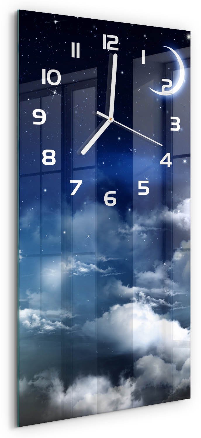 Tulup Wandklok - Sterrenhemel Klok Glas Met Opdruk - 30x60 cm - Blauw Moderne Wandklok Glas - Witte handen - Rechthoekige Klok - Decoratieve Glazen Klok - Glazen Wandklok Design