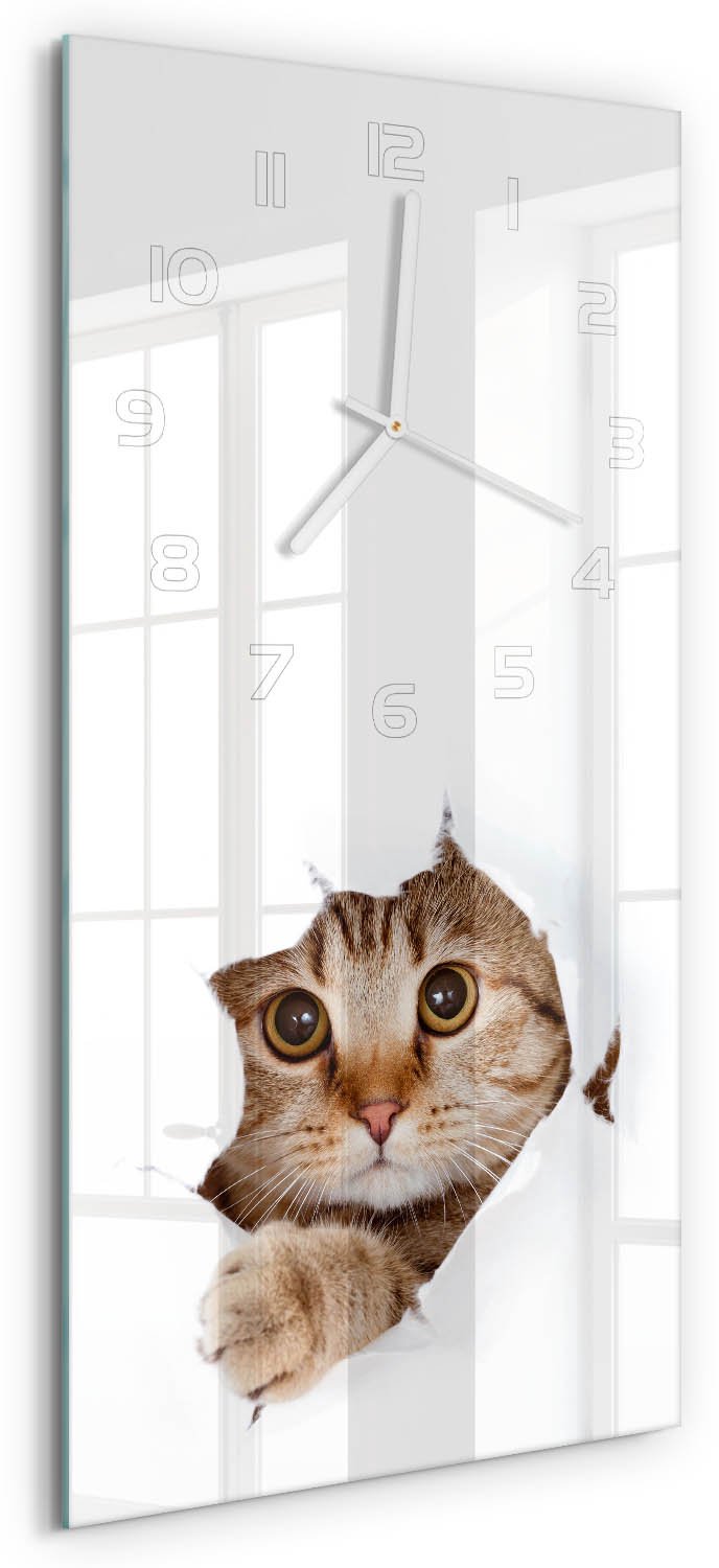 Tulup Wandklok - Kat Glazen Klok Met Print - 30x60 cm - Beige Wandklok Glas Met Motief - Witte handen - Rechthoekige Klok - Wandklok Glas Decoratie - Gekleurde Glazen Klok
