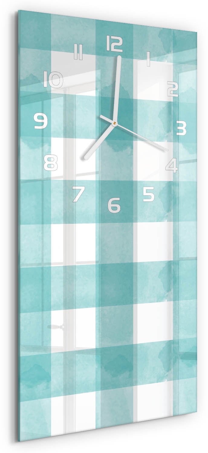 Tulup Wandklok - Blauw raster Glazen Wandklok Design - 30x60 cm - Blauw Klok Glas Met Opdruk - Witte handen - Rechthoekige Klok - Wandklok Glas Met Motief - Decoratieve Glazen Klok