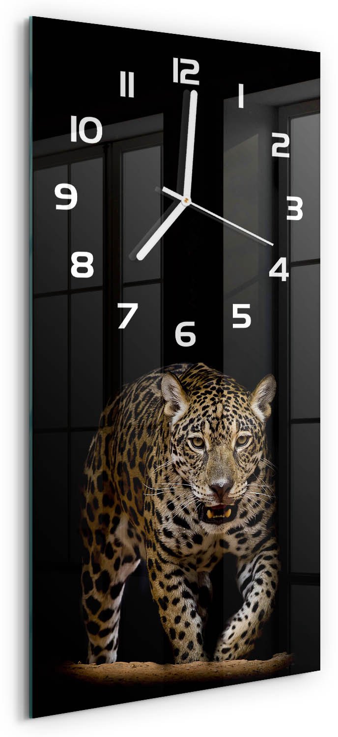 Tulup Wandklok - Jaguar Gekleurde Glazen Klok - 30x60 cm - Zwart Glazen Klok Met Print - Witte handen - Rechthoekige Klok - Moderne Wandklok Glas - Wandklok Glas Decoratie