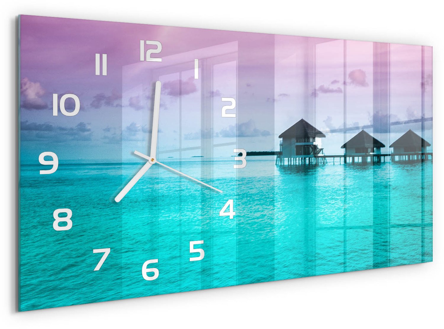 TULUP Wandklok - Bungalows aan het water Gekleurde Glazen Klok - 60x30 cm - Blauw Glazen Klok Met Print - Witte handen - Rechthoekige Klok - Moderne Wandklok Glas - Wandklok Glas Decoratie