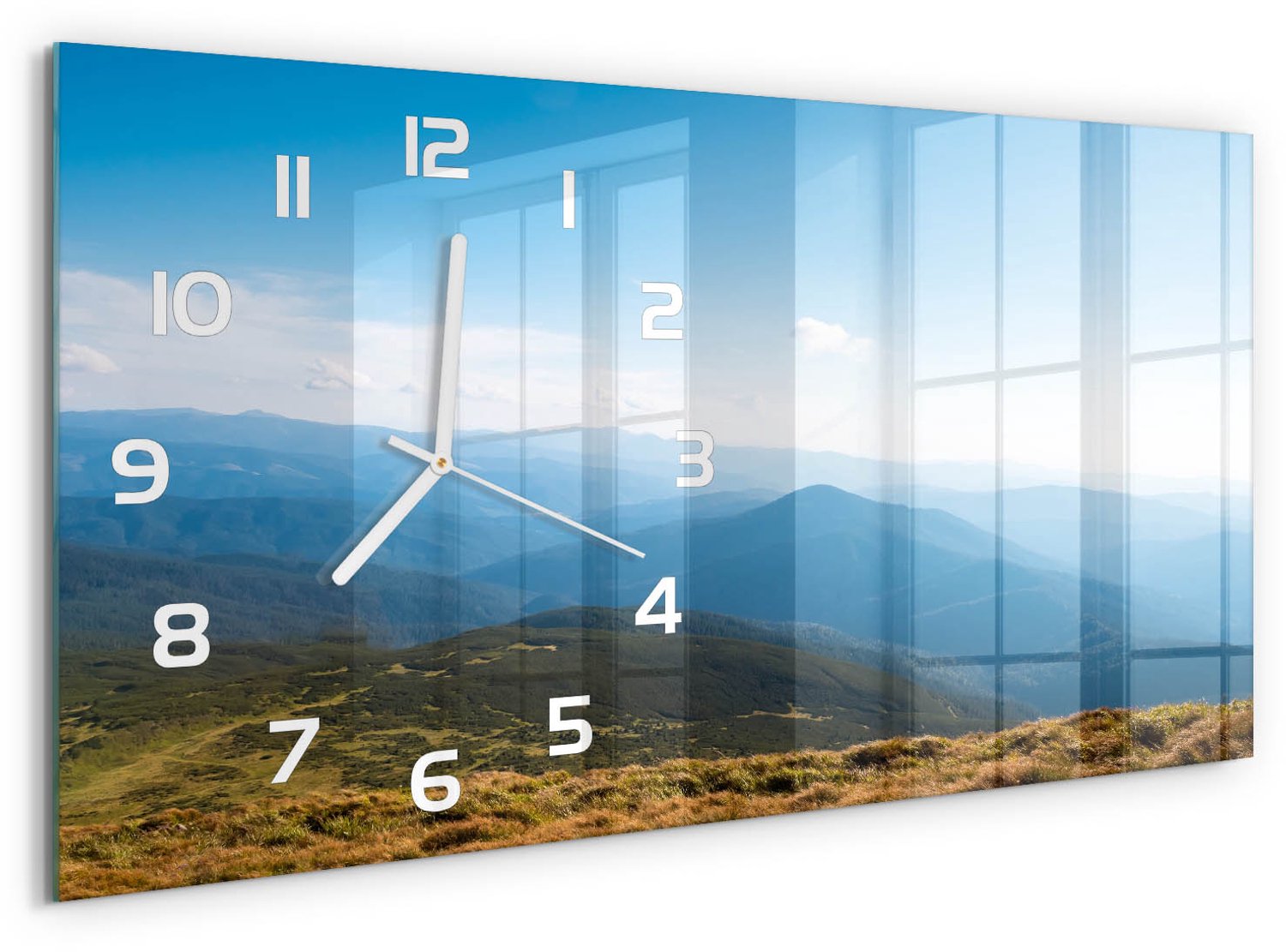 TULUP Wandklok - Nationaal park Tatra Glazen Klok Met Print - 60x30 cm - Blauw Wandklok Glas Met Motief - Witte handen - Rechthoekige Klok - Wandklok Glas Decoratie - Gekleurde Glazen Klok