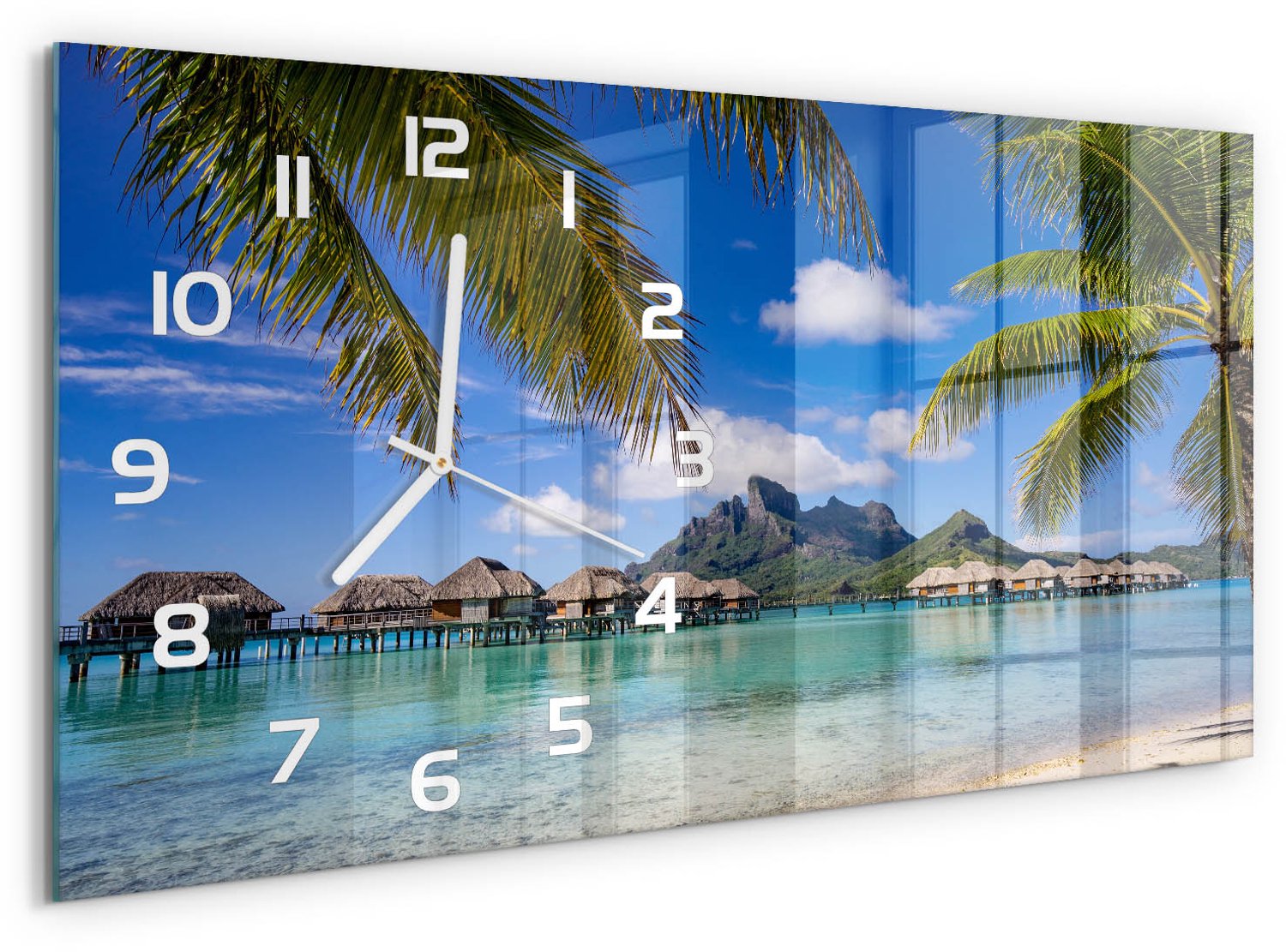 TULUP Wandklok - Palmbomen in Bora Bora Glazen Klok Met Print - 60x30 cm - Veelkleurig Wandklok Glas Met Motief - Witte handen - Rechthoekige Klok - Wandklok Glas Decoratie - Gekleurde Glazen Klok