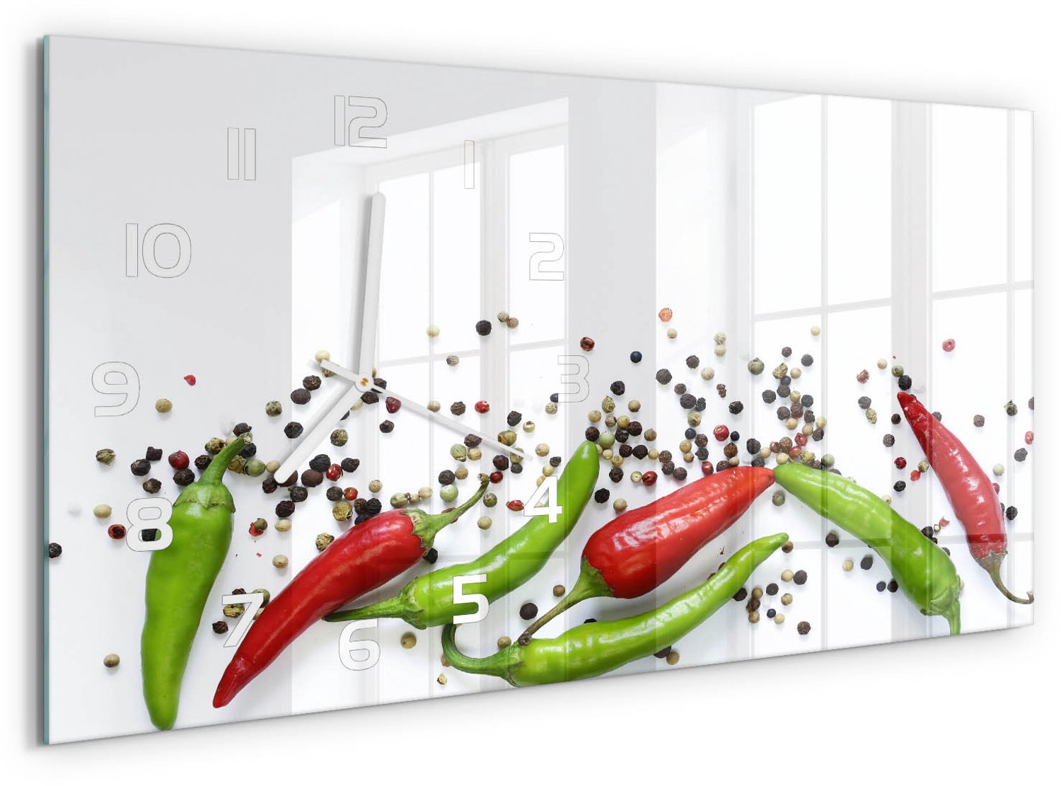TULUP Wandklok - Chilipepers Gekleurde Glazen Klok - 60x30 cm - Veelkleurig Glazen Klok Met Print - Witte handen - Rechthoekige Klok - Moderne Wandklok Glas - Wandklok Glas Decoratie