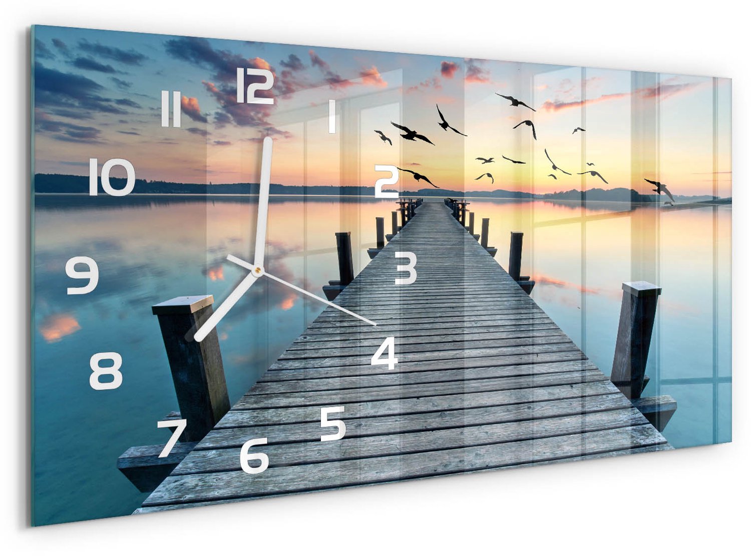TULUP Wandklok - Houten brug Glazen Klok Met Print - 60x30 cm - Blauw Wandklok Glas Met Motief - Witte handen - Rechthoekige Klok - Wandklok Glas Decoratie - Gekleurde Glazen Klok