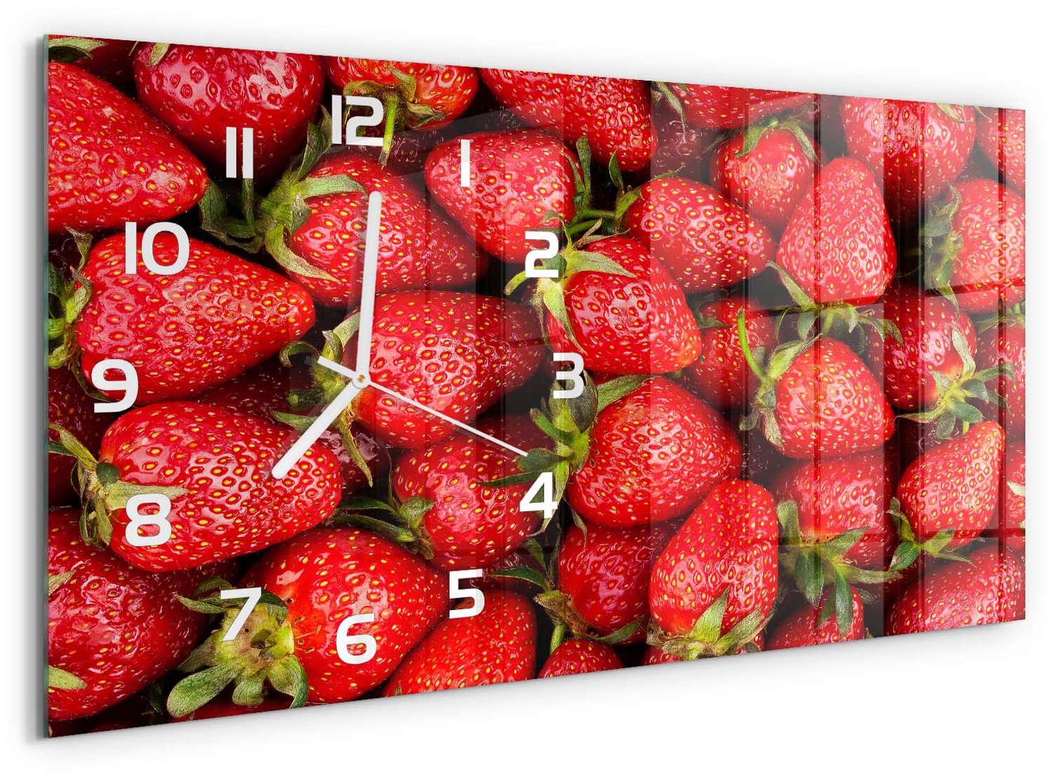 TULUP Wandklok - Aardbeien Wandklok Glas Decoratie - 60x30 cm - Rood Gekleurde Glazen Klok - Witte handen - Rechthoekige Klok - Klok Glas Met Opdruk - Moderne Wandklok Glas