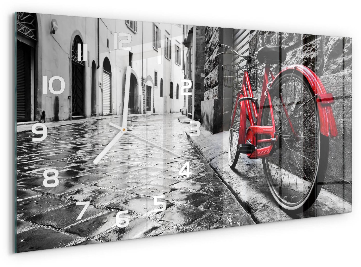 TULUP Wandklok - Rode fiets Gekleurde Glazen Klok - 60x30 cm - Rood Glazen Klok Met Print - Witte handen - Rechthoekige Klok - Moderne Wandklok Glas - Wandklok Glas Decoratie