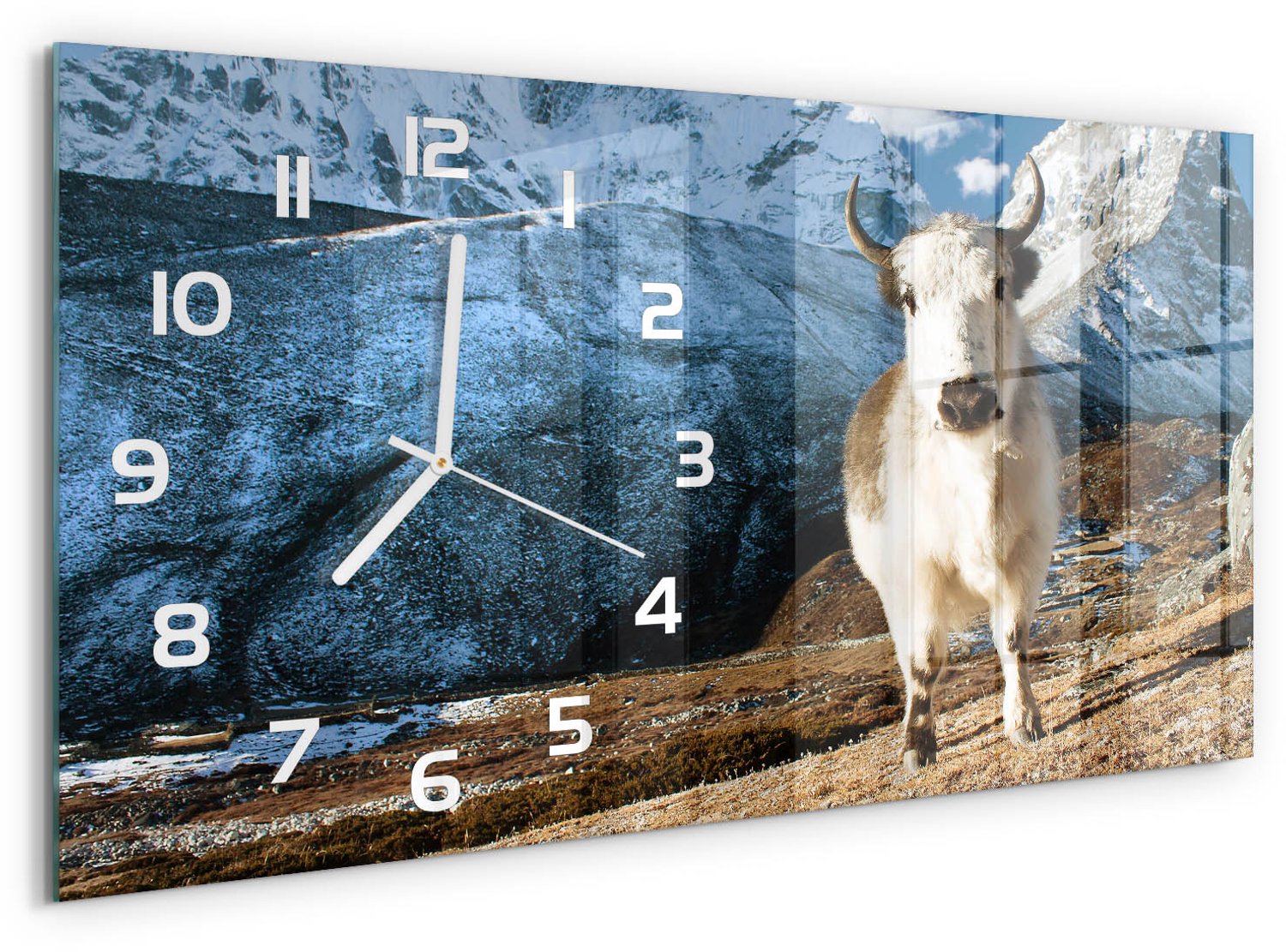 TULUP Wandklok - Zoals de Gewone Berg Wandklok Glas Met Motief - 60x30 cm - Bruin Decoratieve Glazen Klok - Witte handen - Rechthoekige Klok - Gekleurde Glazen Klok - Glazen Klok Met Print