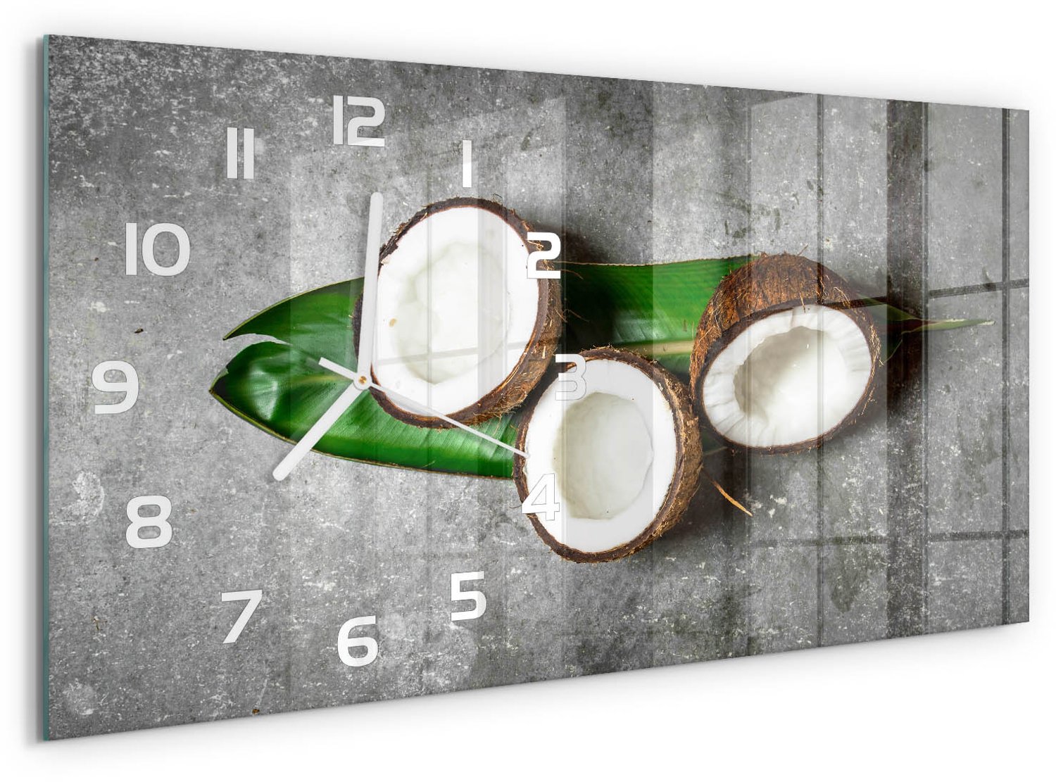 TULUP Wandklok - Een halve kokosnoot Glazen Wandklok Design - 60x30 cm - Groente Klok Glas Met Opdruk - Witte handen - Rechthoekige Klok - Wandklok Glas Met Motief - Decoratieve Glazen Klok