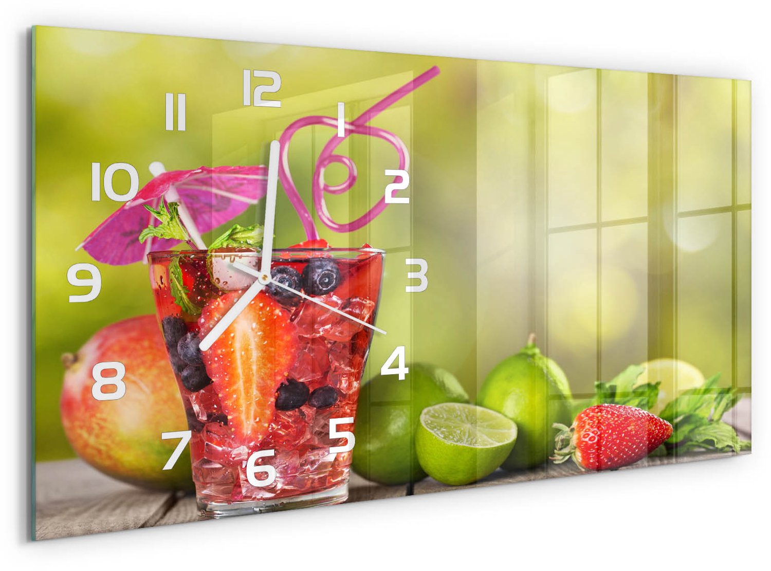 TULUP Wandklok - Fruitcocktail Glazen Klok Met Print - 60x30 cm - Veelkleurig Wandklok Glas Met Motief - Witte handen - Rechthoekige Klok - Wandklok Glas Decoratie - Gekleurde Glazen Klok