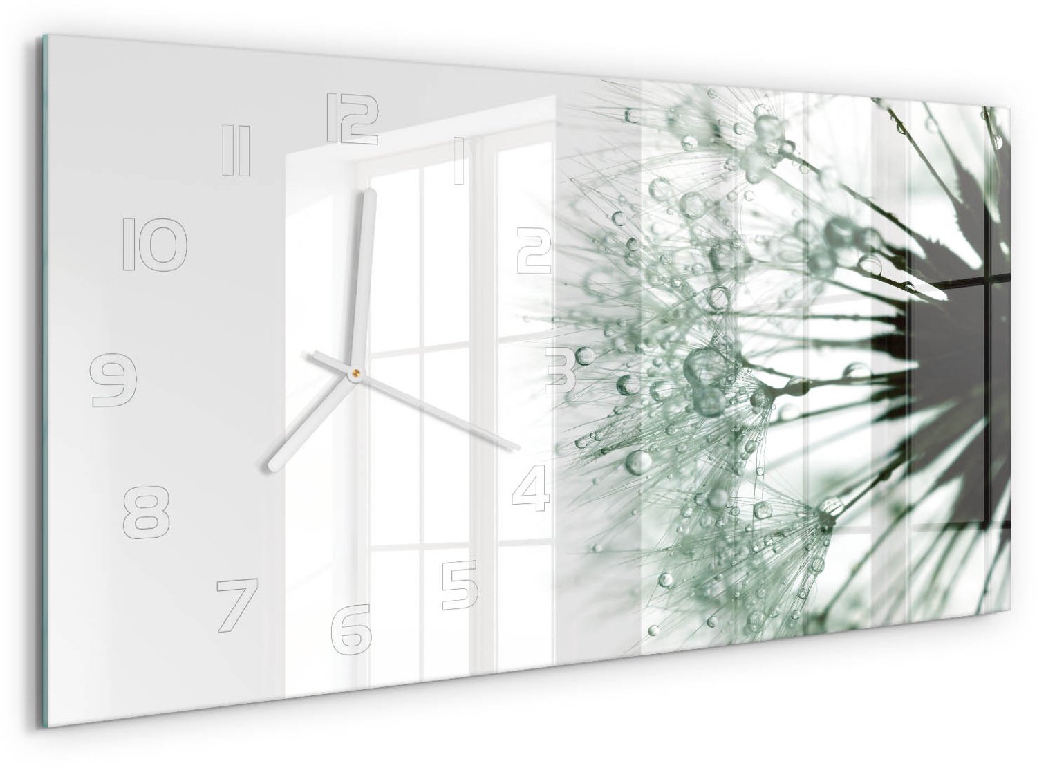 TULUP Wandklok - Paardenbloemzaden Decoratieve Glazen Klok - 60x30 cm - Wit Glazen Wandklok Design - Witte handen - Rechthoekige Klok - Glazen Klok Met Print - Wandklok Glas Met Motief