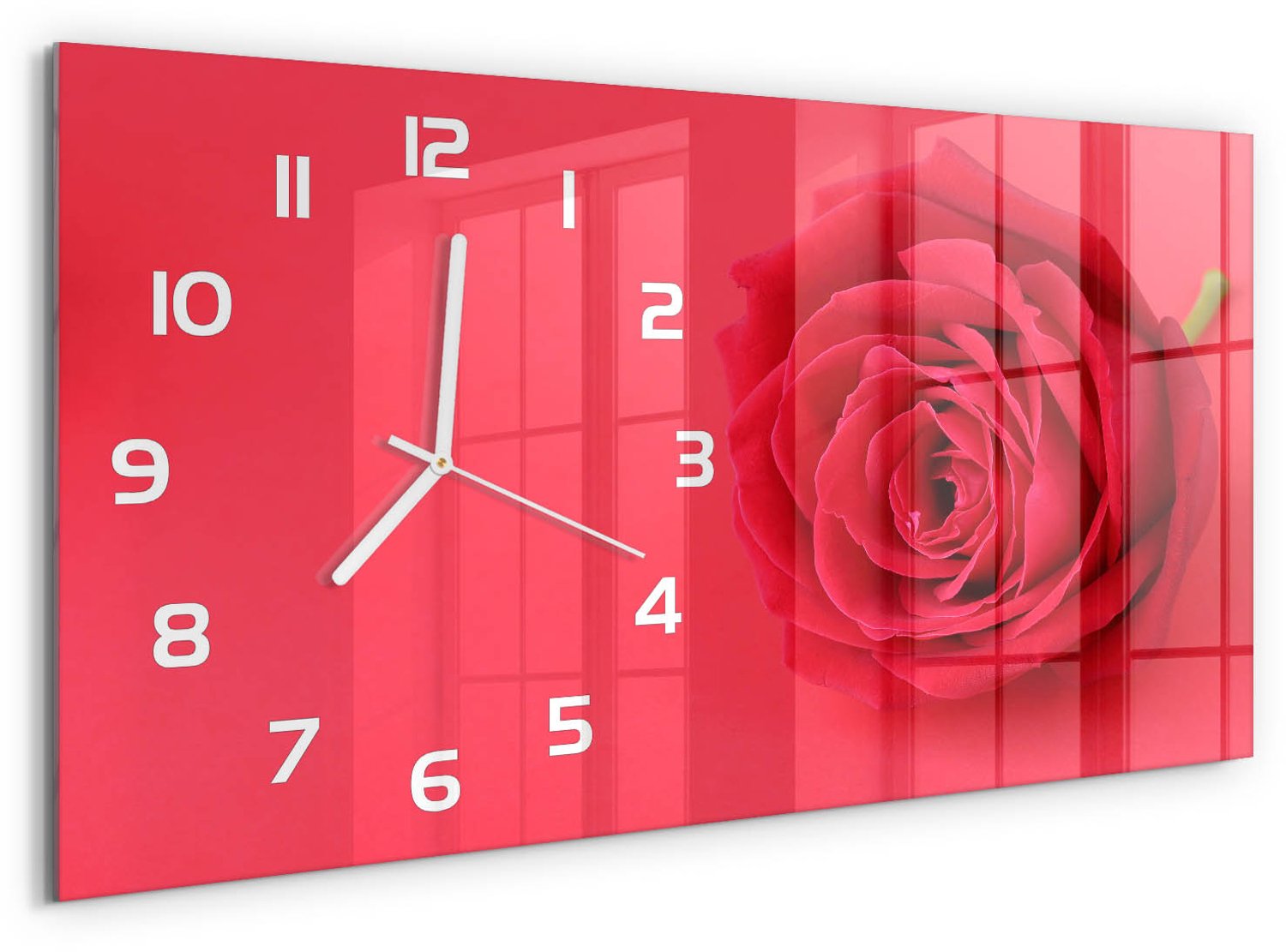 TULUP Wandklok - Rode Roos Gekleurde Glazen Klok - 60x30 cm - Rood Glazen Klok Met Print - Witte handen - Rechthoekige Klok - Moderne Wandklok Glas - Wandklok Glas Decoratie