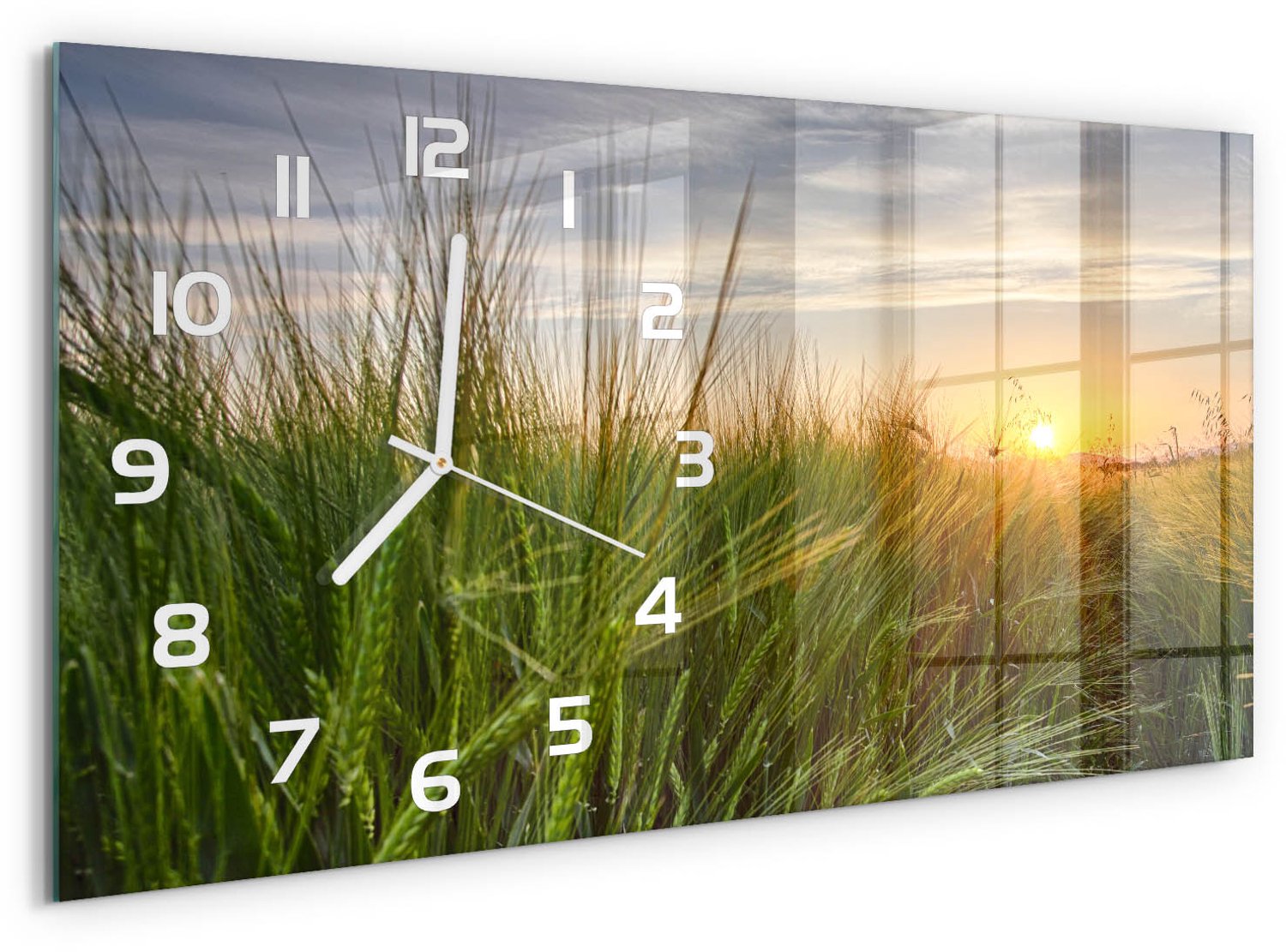 TULUP Wandklok - Tarweveld Glazen Wandklok Design - 60x30 cm - Groente Klok Glas Met Opdruk - Witte handen - Rechthoekige Klok - Wandklok Glas Met Motief - Decoratieve Glazen Klok
