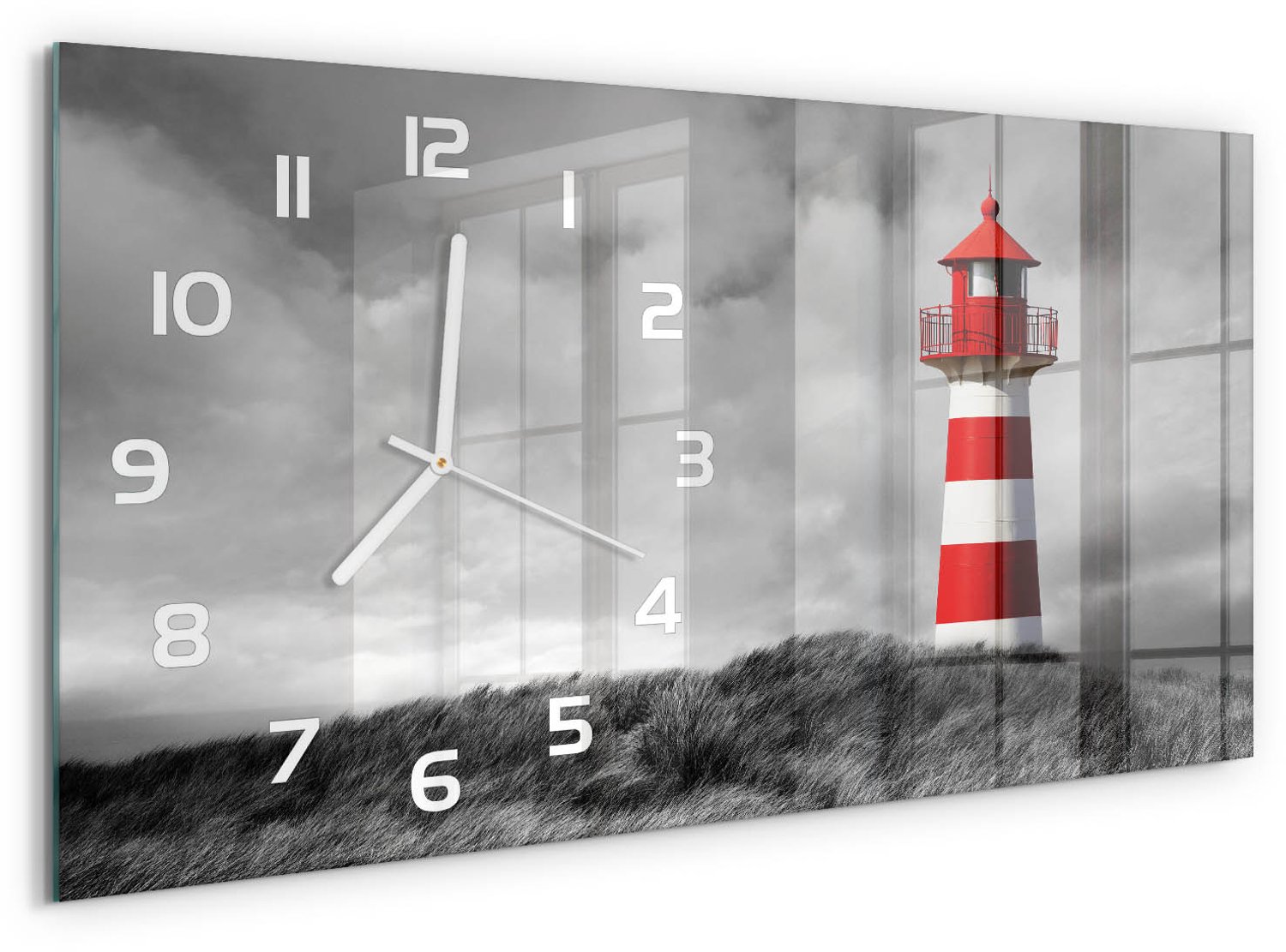 TULUP Wandklok - Vuurtoren Moderne Wandklok Glas - 60x30 cm - Rood Wandklok Glas Decoratie - Witte handen - Rechthoekige Klok - Glazen Wandklok Design - Klok Glas Met Opdruk