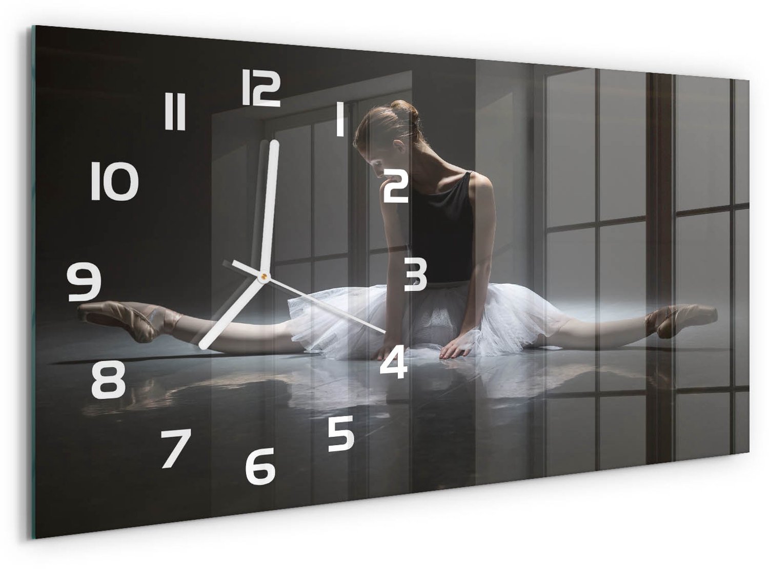 TULUP Wandklok - Ballerina Glazen Wandklok Design - 60x30 cm - Zwart Klok Glas Met Opdruk - Witte handen - Rechthoekige Klok - Wandklok Glas Met Motief - Decoratieve Glazen Klok