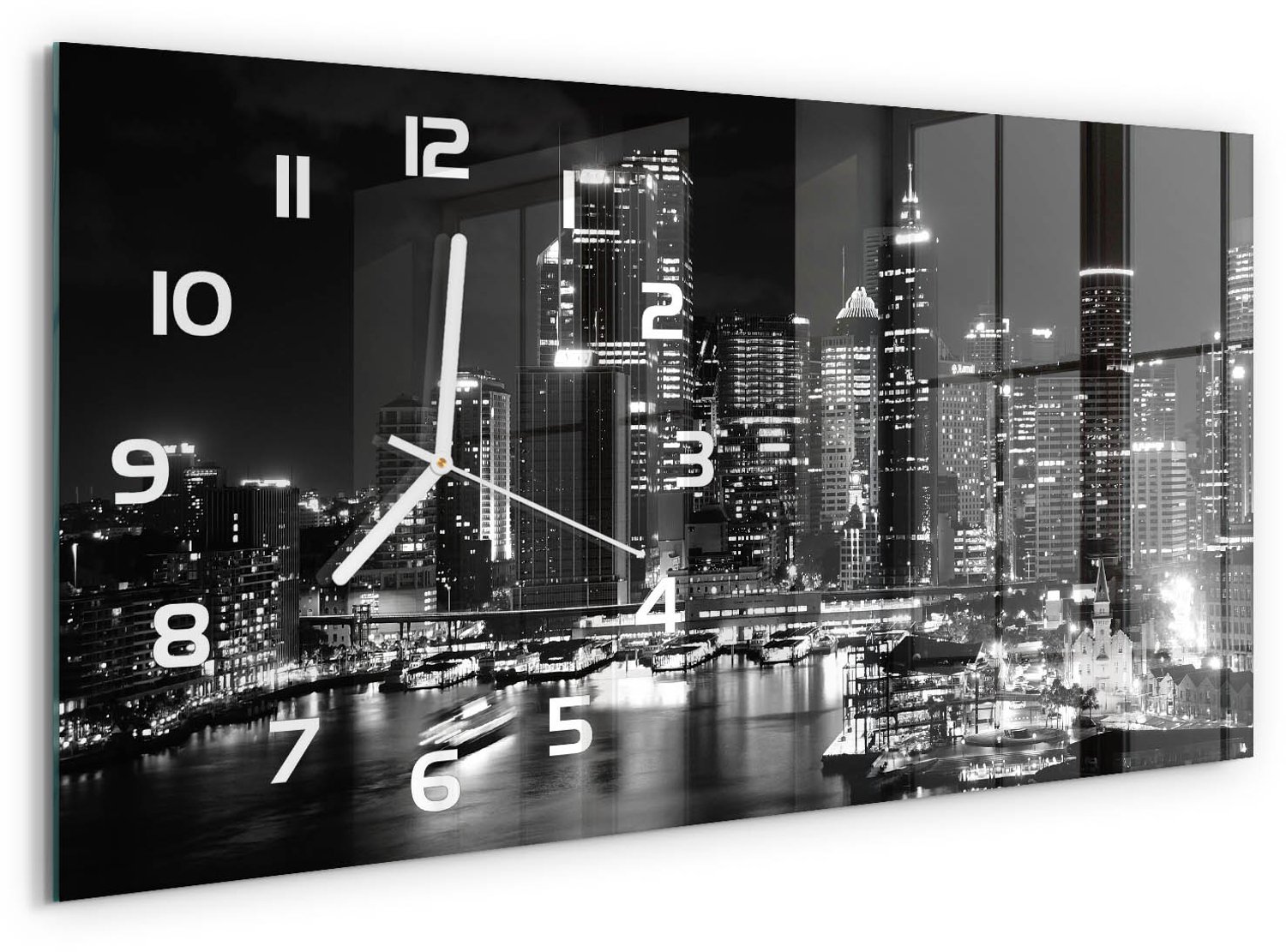 TULUP Wandklok - Sydney bij nacht Decoratieve Glazen Klok - 60x30 cm - Zwart-wit Glazen Wandklok Design - Witte handen - Rechthoekige Klok - Glazen Klok Met Print - Wandklok Glas Met Motief