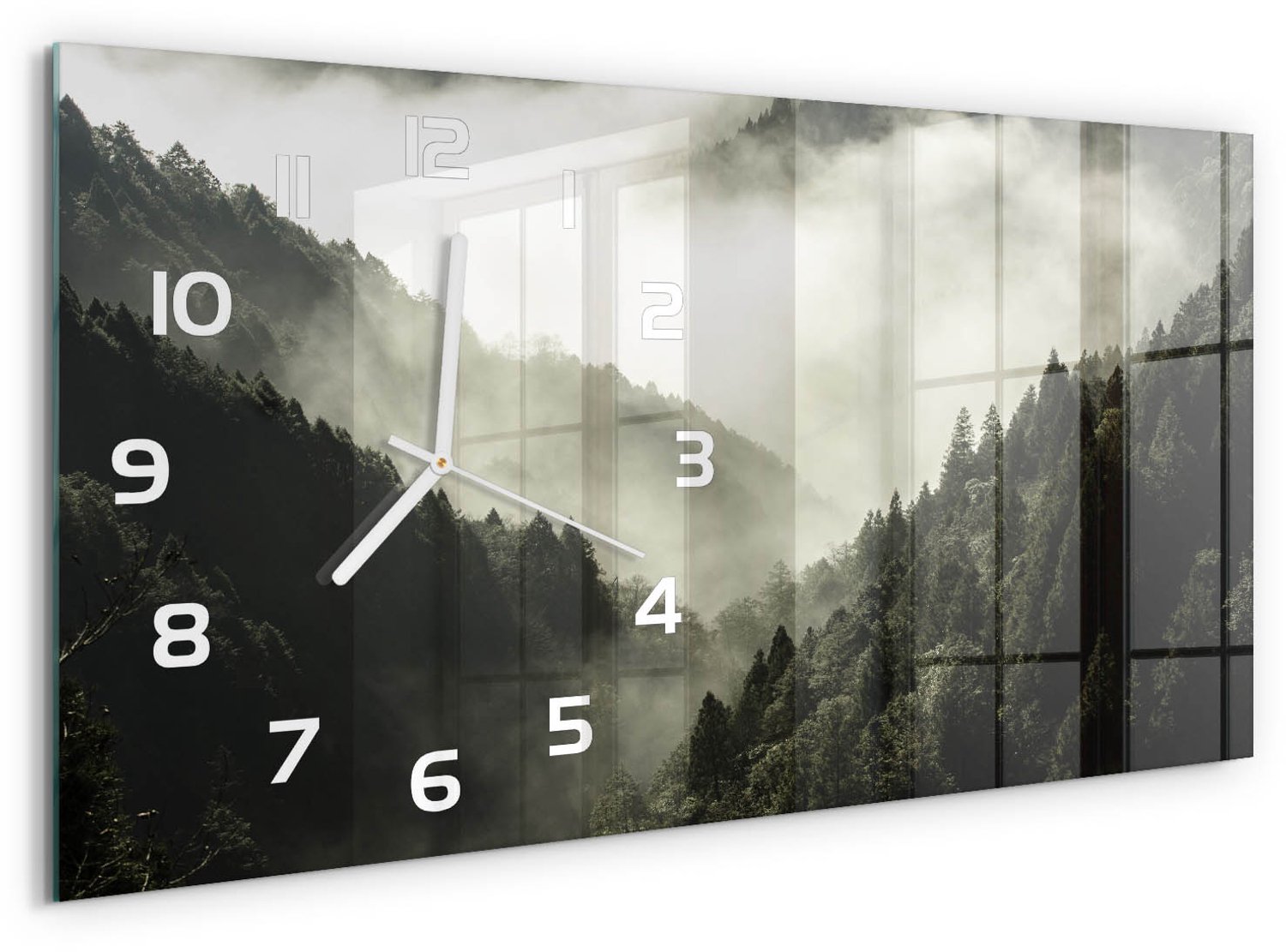 TULUP Wandklok - Mist boven het bos Wandklok Glas Met Motief - 60x30 cm - Zwart-wit Decoratieve Glazen Klok - Witte handen - Rechthoekige Klok - Gekleurde Glazen Klok - Glazen Klok Met Print