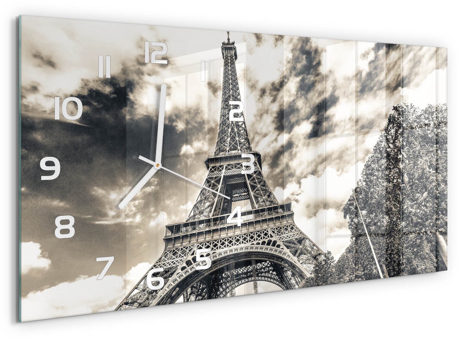TULUP Wandklok - Eiffeltoren Parijs Decoratieve Glazen Klok - 60x30 cm - Zwart-wit Glazen Wandklok Design - Witte handen - Rechthoekige Klok - Glazen Klok Met Print - Wandklok Glas Met Motief