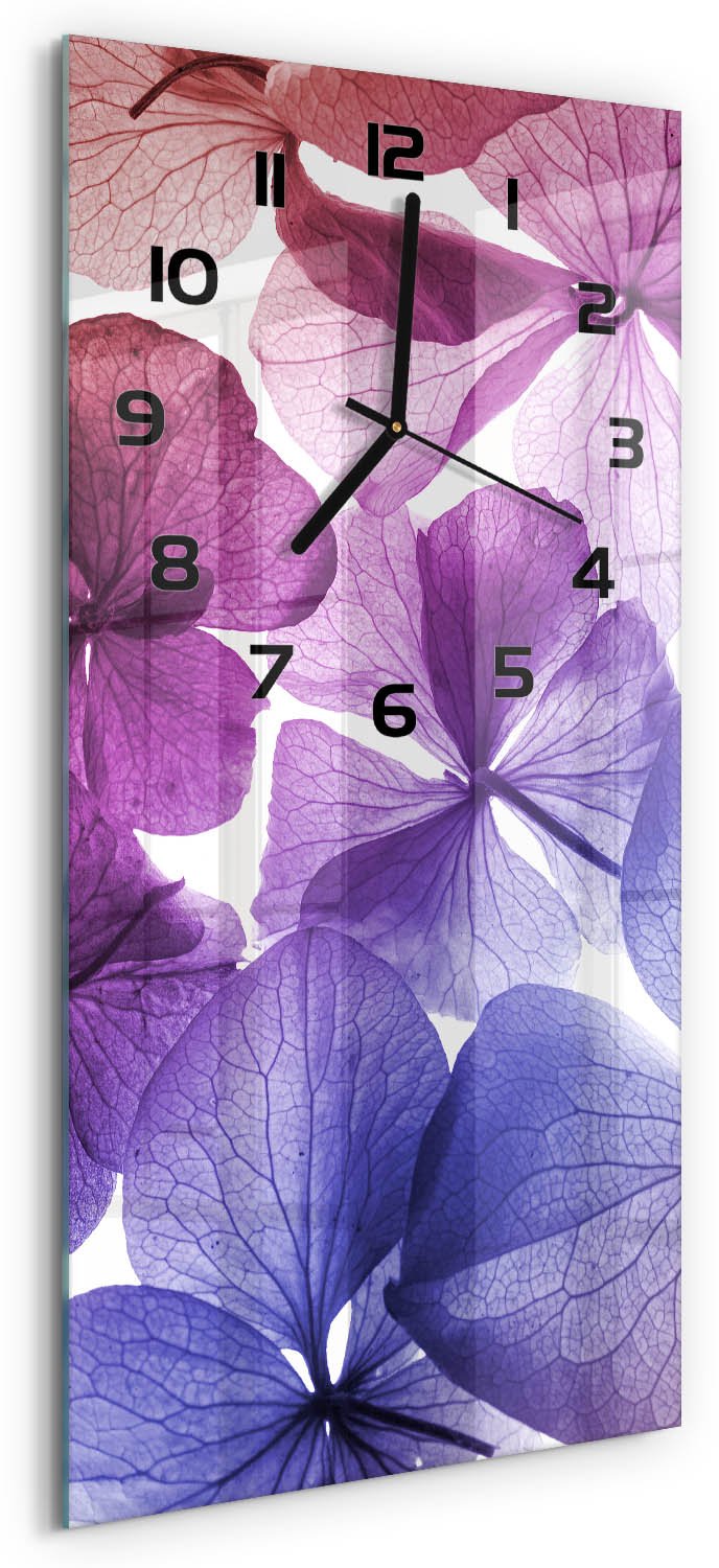 Tulup Wandklok - Paarse bloemen Klok Glas Met Opdruk - 30x60 cm - Paars Moderne Wandklok Glas - Zwarte handen - Rechthoekige Klok - Decoratieve Glazen Klok - Glazen Wandklok Design