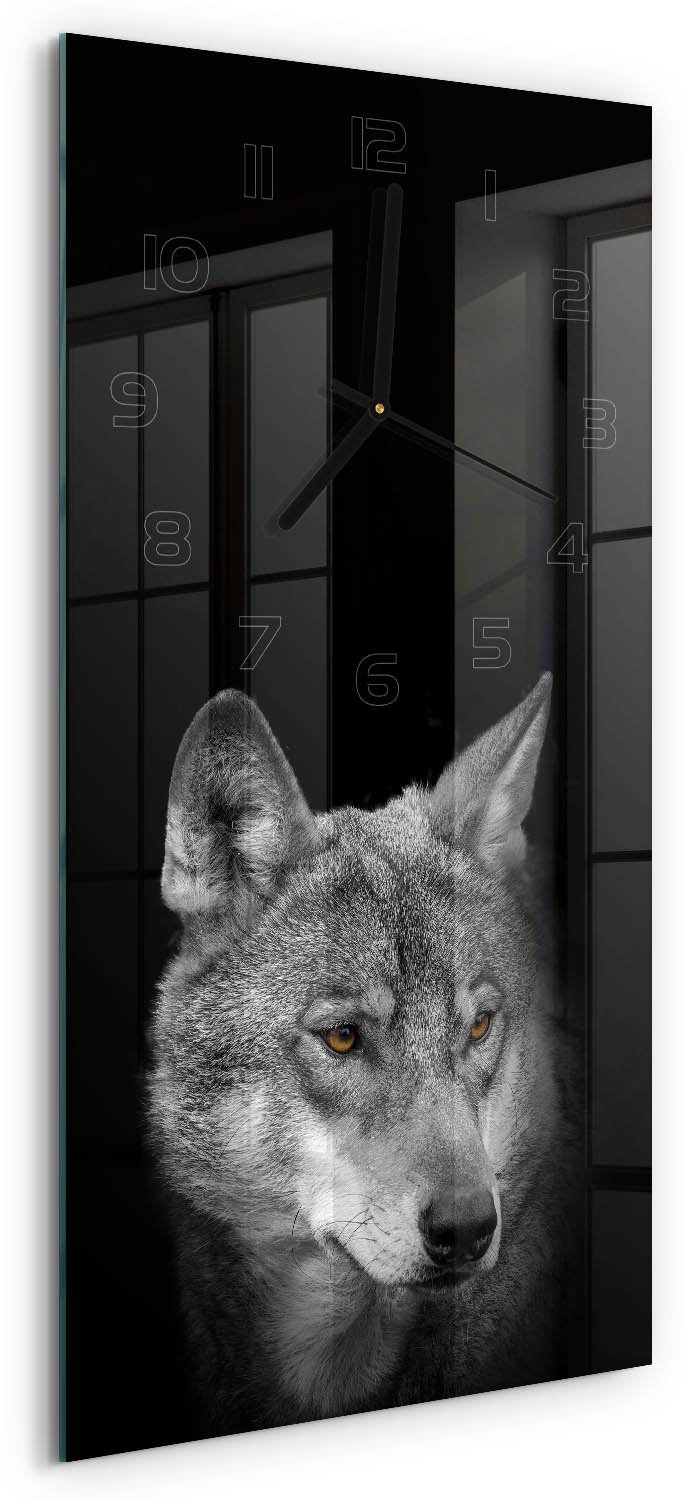 Tulup Wandklok - Wolf Glazen Wandklok Design - 30x60 cm - Grijs Klok Glas Met Opdruk - Zwarte handen - Rechthoekige Klok - Wandklok Glas Met Motief - Decoratieve Glazen Klok