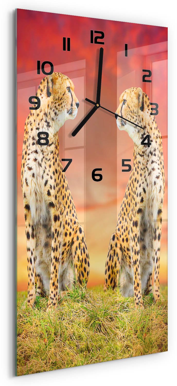 Tulup Wandklok - Twee cheeta's Wandklok Glas Decoratie - 30x60 cm - Oranje Gekleurde Glazen Klok - Zwarte handen - Rechthoekige Klok - Klok Glas Met Opdruk - Moderne Wandklok Glas